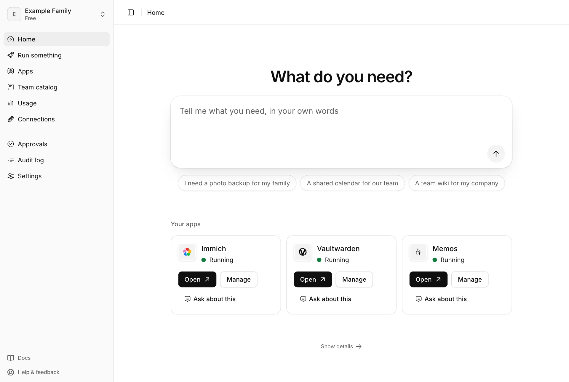 The Home page in the simple view: a box to ask for what you need, and Immich, Vaultwarden and Memos running.